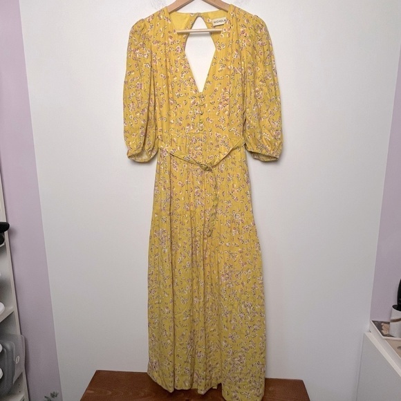 Nicholas Celie Midi Dress Hastings Floral Yellow Linen Dress Cottagecore - Picture 2 of 16